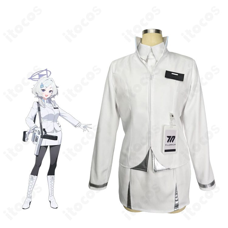 吾妻ミライの学園制服コスプレを着用した全身イメージ。コートとスカートのシルエットが映える正対ショット。