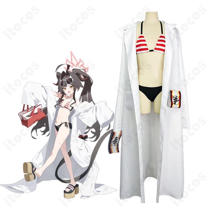 鬼怒川カスミ 水着コスプレの着用イメージ全身(白衣+ビキニ+腕章、温泉開発部)