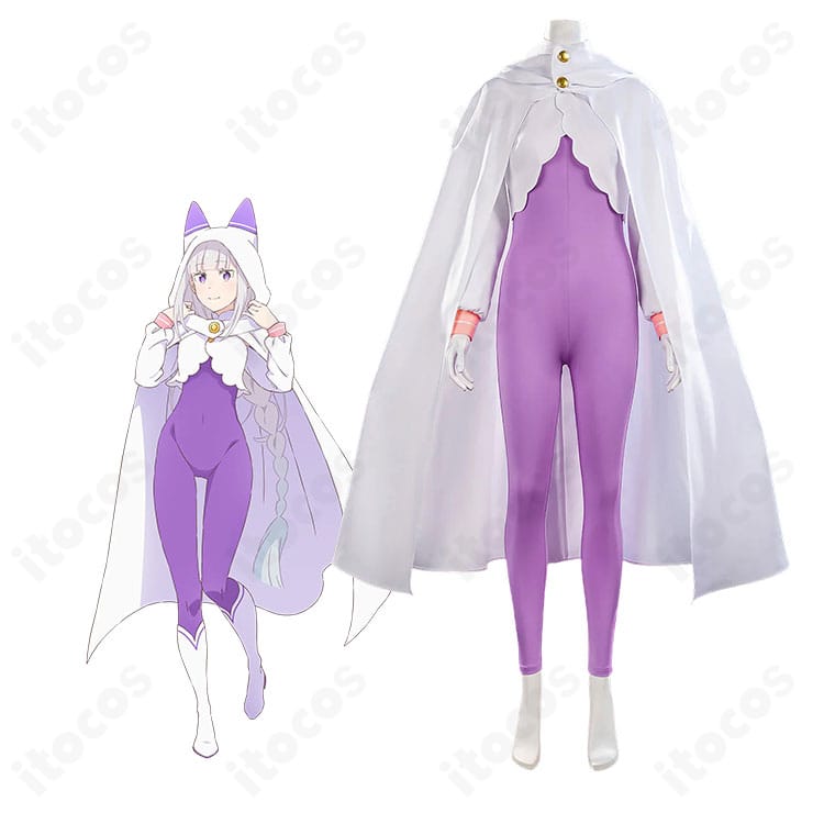 エミリア新衣装コスプレ一式を着用した全身イメージ(フード付きマントとボディースーツ)