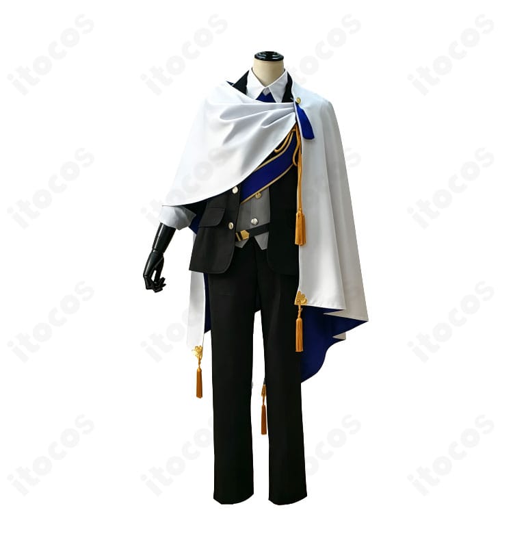 山姥切長義 コスプレ衣装の正面全体図。ネイビーのジャケットと白シャツ、タイ、サッシュの配置が分かる画像