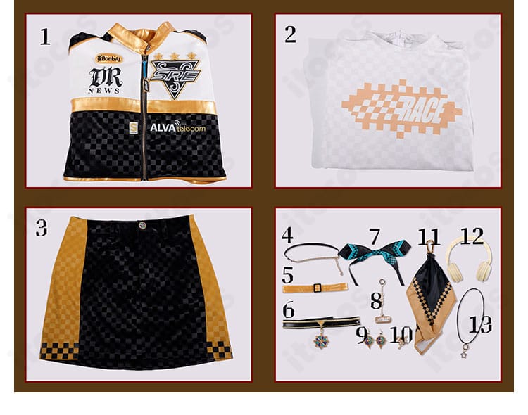 セット内容一式(ジャケット、Tシャツ、ミニスカ、チェーン、チョーカー等)の平置き