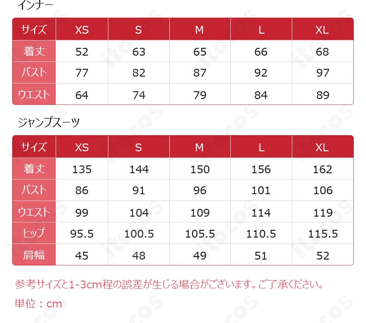 サイズ表記と各部位寸法を示すガイド画像