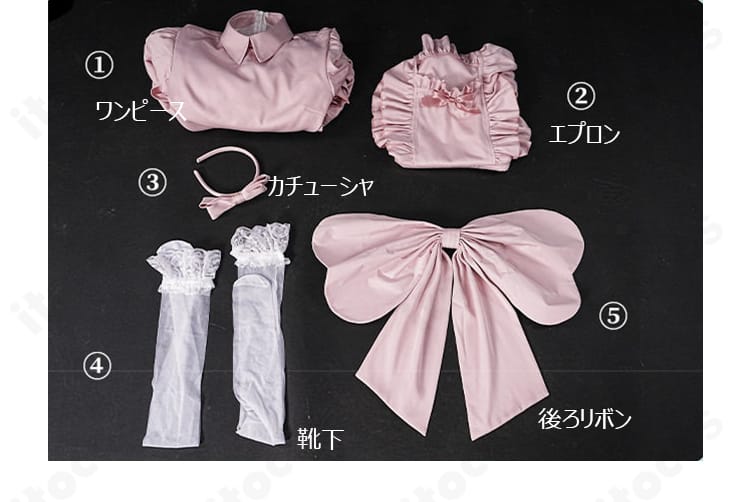 セット内容一式の平置き画像。ワンピース、エプロン、カチューシャ、靴下、後ろリボンの5点が揃う