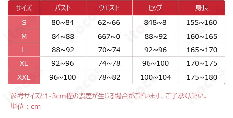 サイズ表記と実測ガイドを示す画像。S〜XXLの寸法目安を確認可能