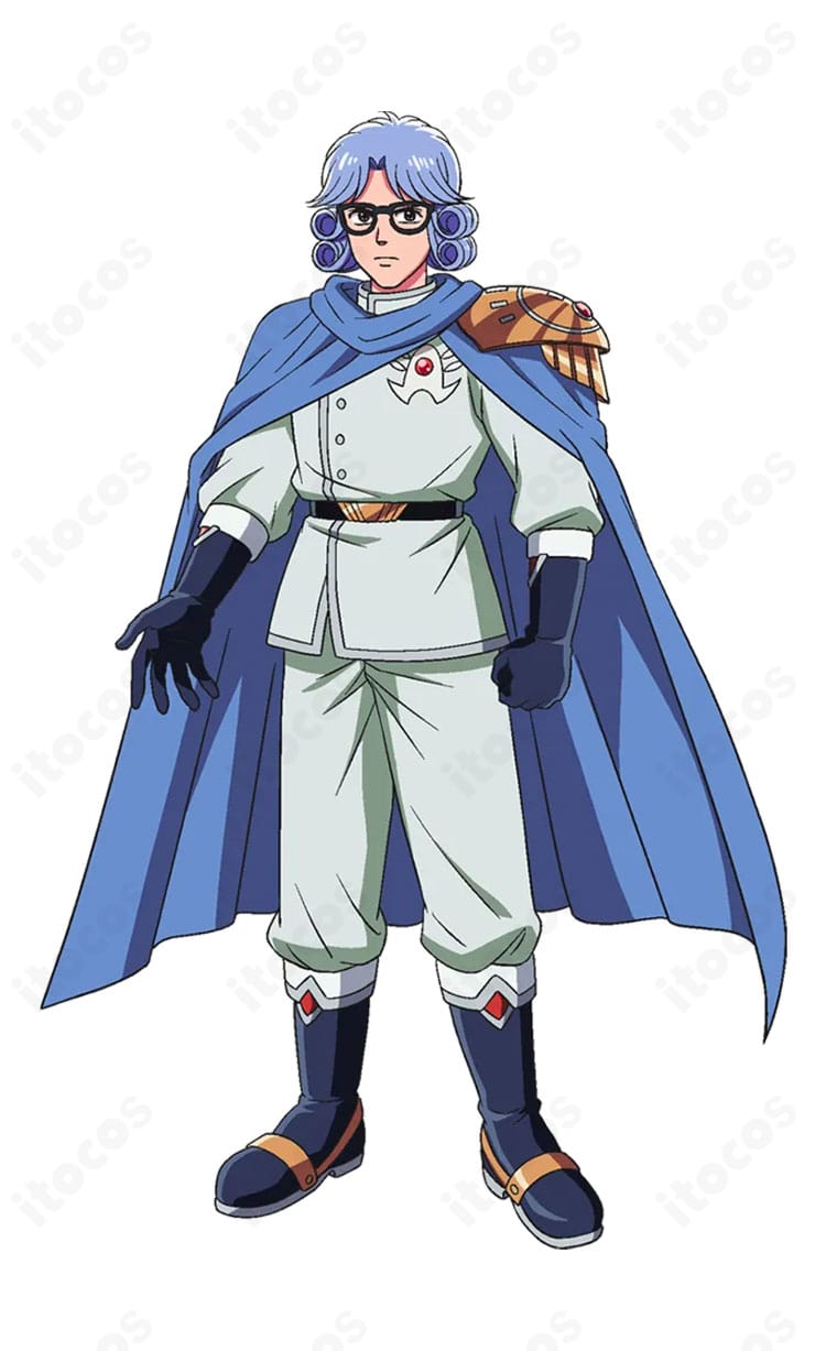 ドラゴンクエスト ダイの大冒険 アバンの勇者戦闘服コスプレ一式を着用した全身イメージ（マント付き、ハリ感のある直線的シルエット）