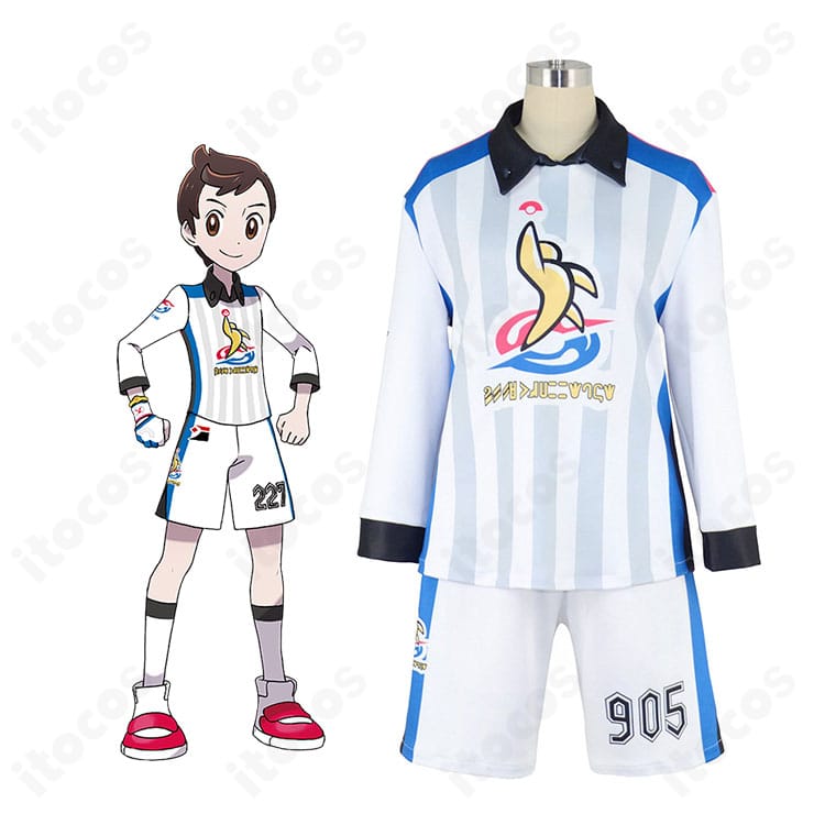 マサルのジムチャレンジ制服コスプレ一式を着用した人物イメージ。配色ラインとシルエットの再現がわかる全身画像。