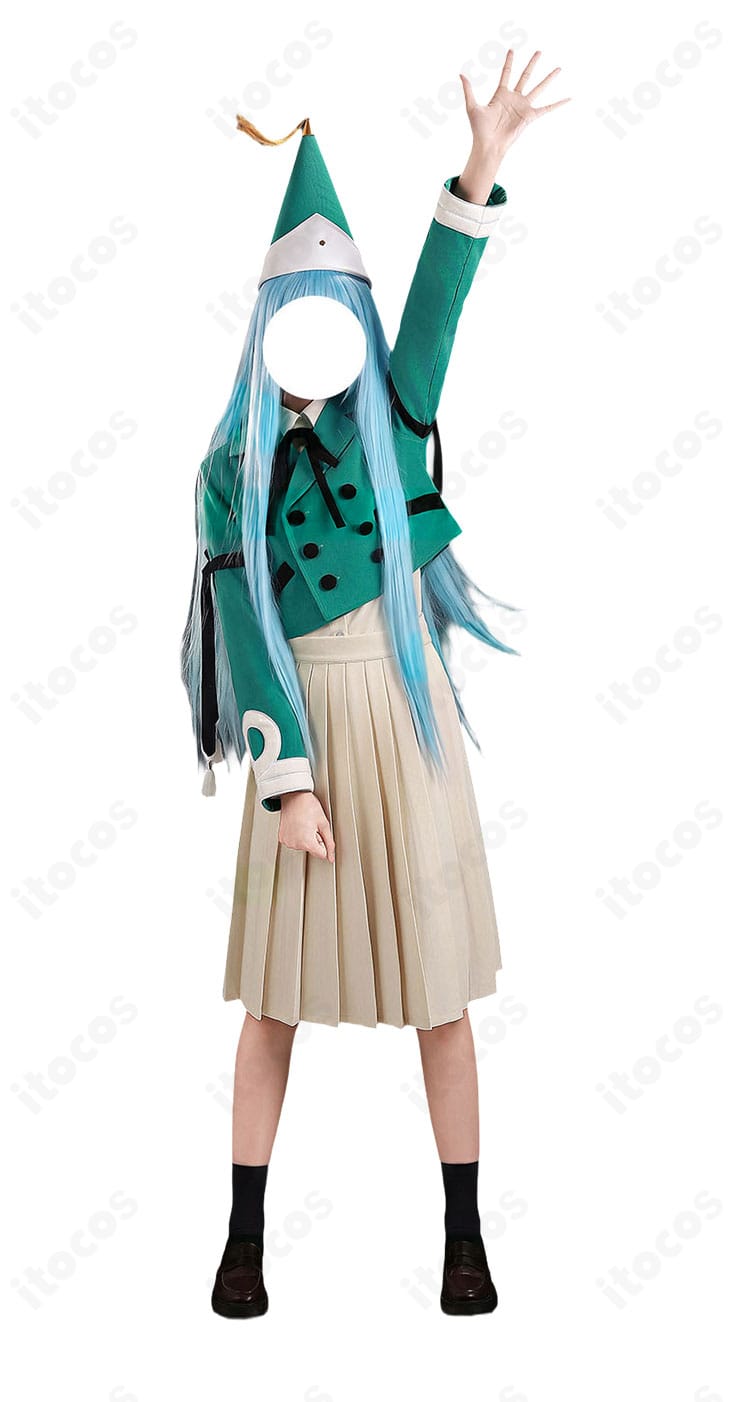リチェをイメージした制服風コスプレ衣装の着用正面。高発色ツイルのジャケットとフレアスカート、リボンタイが映える全身コーデ。