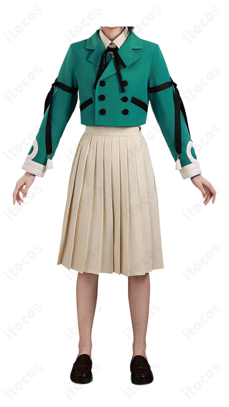リチェ 制服風コスプレのジャケット・シャツ・スカート・リボンタイを正面から撮影した商品ディテール。配色とボタン位置が分かる。