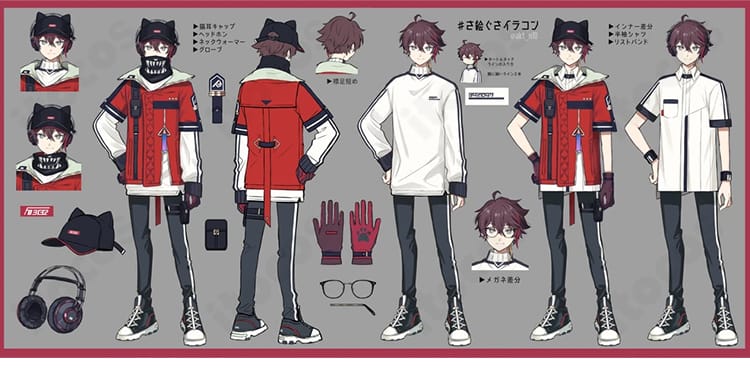 三枝明那 新衣装コスプレ一式のディテール構成|赤×黒コントラストと猫耳キャップ風意匠