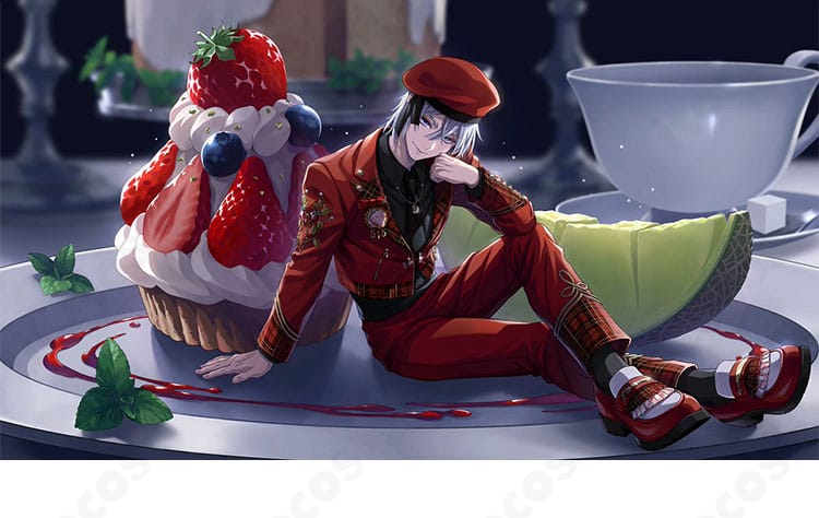 シルバーのラ・ボンボニエール衣装でポーズを取る全身シーン。赤×黒のコントラストとフォーマルな装いが伝わる場面画像。