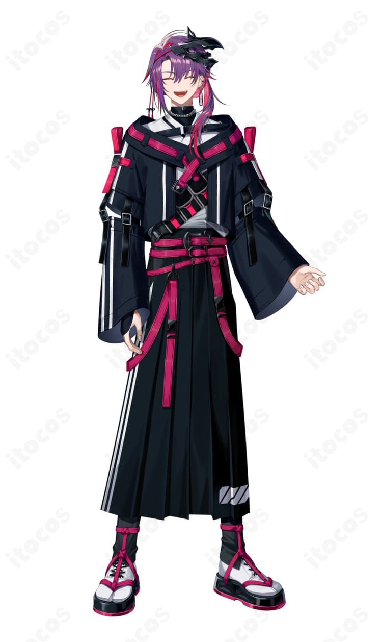 にじさんじ 渡会雲雀 和装新衣装のコスプレ衣装・正面全身図。黒ベースにマゼンタ差し色のサイバー和風デザインが分かる商品画像。