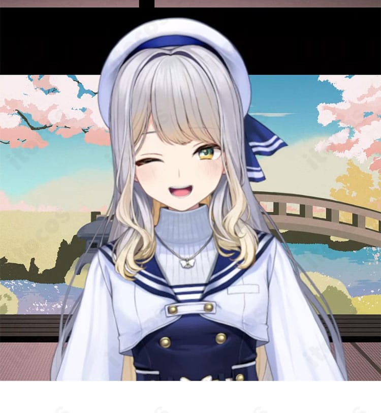 栞葉るり 私服コスプレ衣装の襟元ディテール。爽やかな配色と端正な縫製が伝わるアップ。