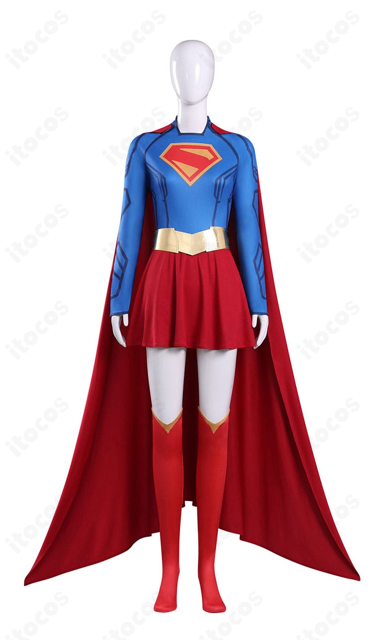 スーパーガール コスプレ衣装の正面全体。ワンピースのシルエットとウエストベルト位置が分かる商品画像