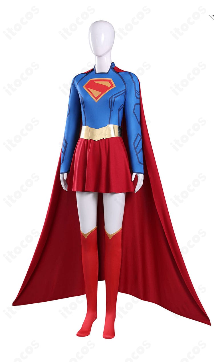 スーパーガール コスプレ衣装の側面。ケープの落ち感と裾ライン、ベルトの厚みが分かる商品画像