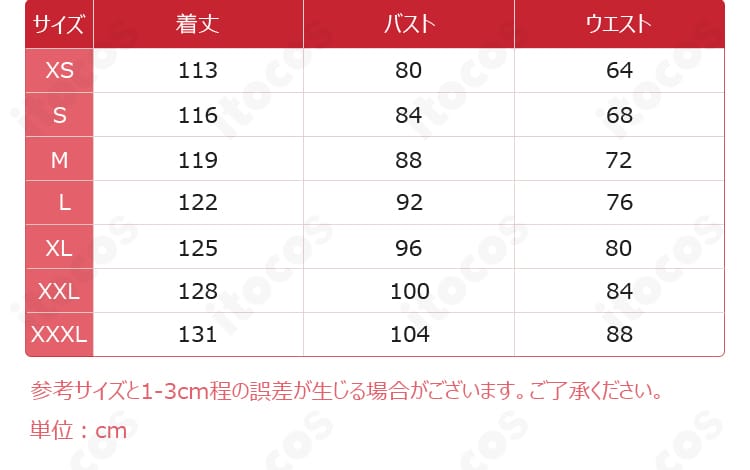 サイズ表記一覧（XS〜XXXL）と各部位寸法ガイド