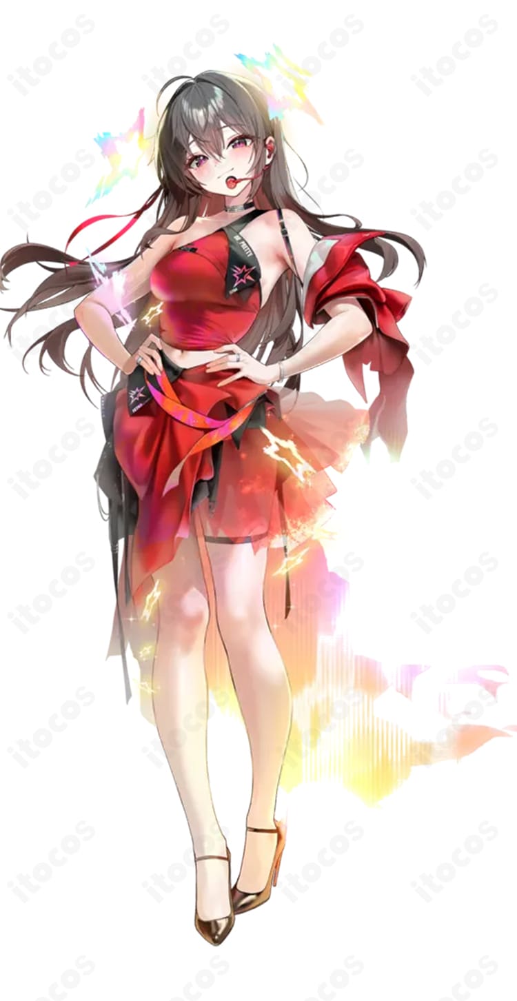『勝利の女神:NIKKE』プリティー Pretty Star アイドル衣装の全体図。トップス・スカート・ジャケット風腕飾りの3点セットと高コントラスト配色でビジュアル映えするデザイン。