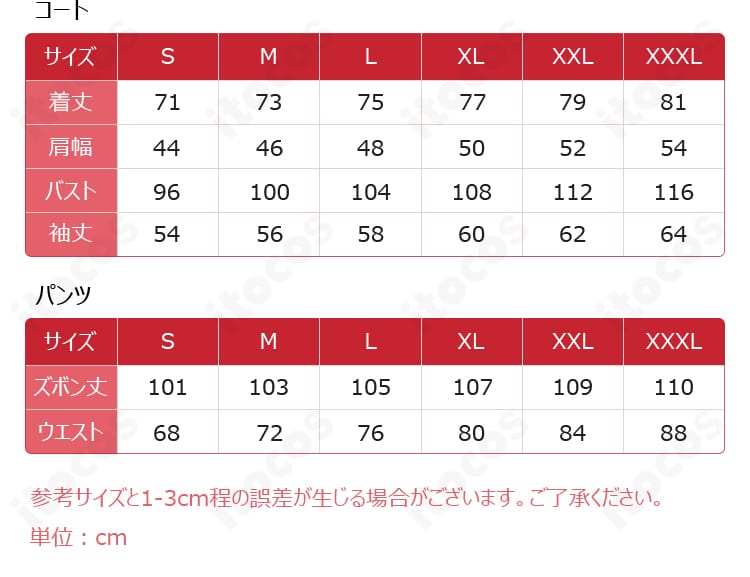 マハト衣装 サイズ表と実測ガイド。S~XXXLの対応範囲を明示