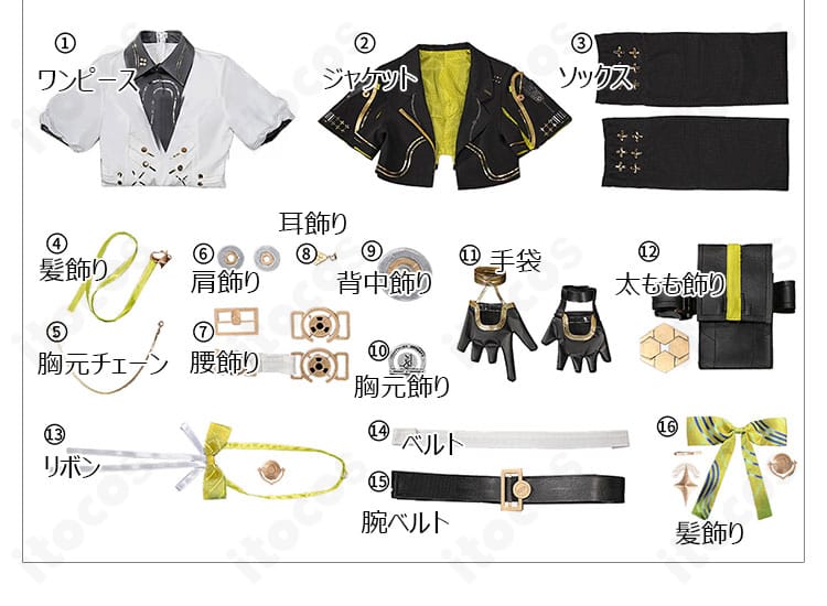 セット内容一式(ワンピース、ジャケット、小物類)のレイアウト