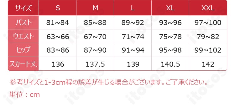 S〜XLサイズ展開の寸法ガイドと計測部位説明