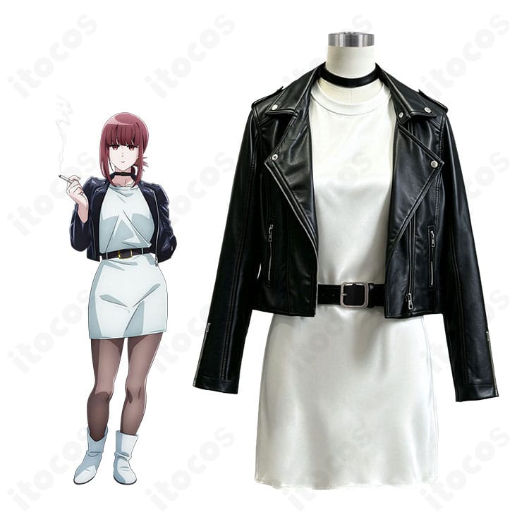 『スーパーの裏でヤニ吸うふたり』田山の私服風ワンピースとレザージャケットを着用した全身イメージ