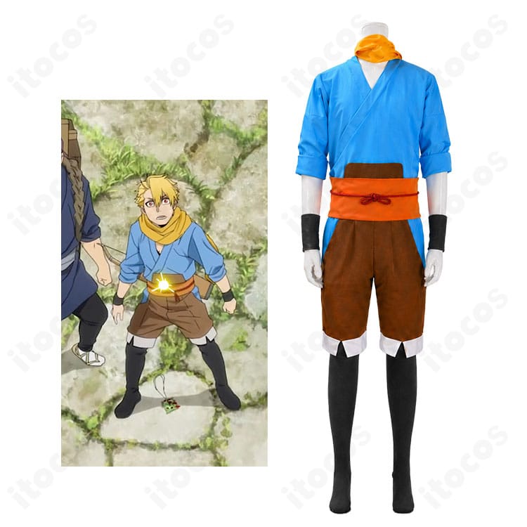 『黄泉のツガイ』ユルの青い上着と黄色いマフラーを用いた和風コスプレ衣装の全身イメージ