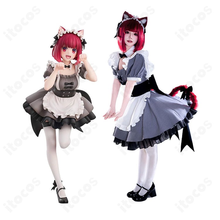 【推しの子】有馬かな猫メイドver.コスプレ衣装の全身イメージ。猫耳カチューシャ、エプロン、尻尾を組み合わせた正面スタイル