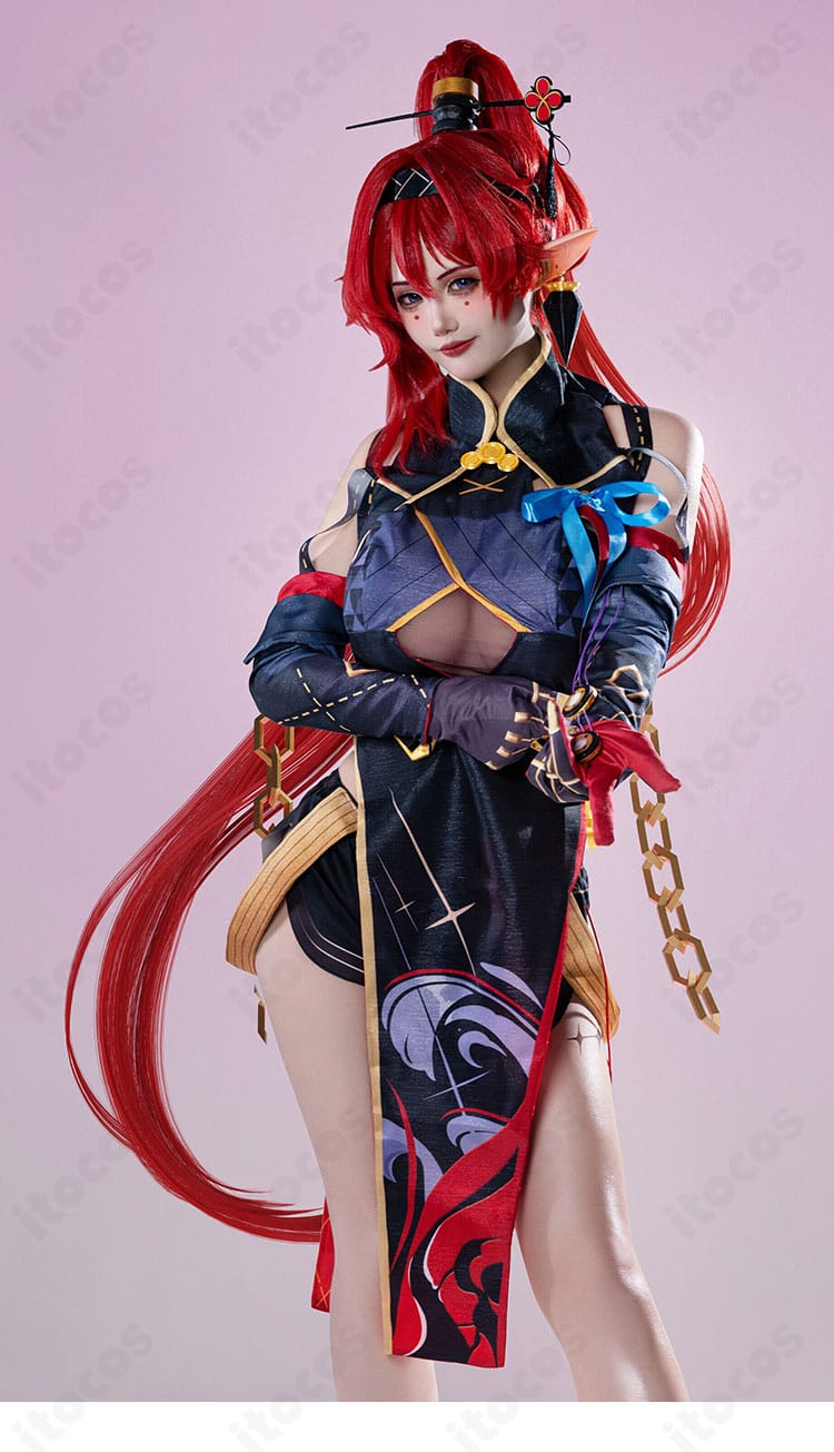吟霖コスプレ衣装の正面着用イメージ。ワンピース、ベスト、袖カバーの細部を確認できる画像