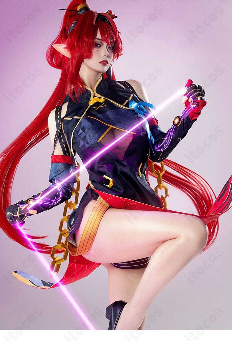 吟霖コスプレ衣装の側面着用イメージ。すっきりしたシルエットとレイヤードを確認できる画像