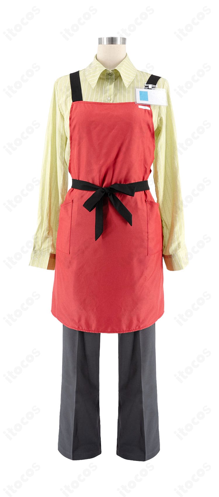 『スーパーの裏でヤニ吸うふたり』山田 スーパーS店員制服コスプレ衣装の正面、シャツとエプロンと名札