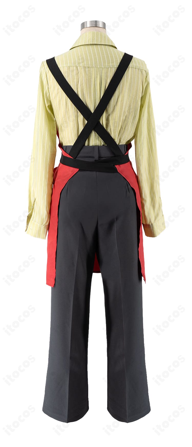 『スーパーの裏でヤニ吸うふたり』山田 スーパーS店員制服コスプレ衣装の背面、頭巾とエプロンのデザイン