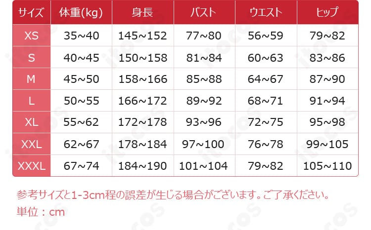 宝鐘マリン海賊風コスプレ衣装のS~XXXLサイズ表