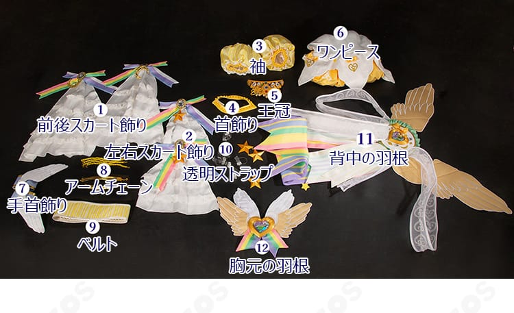 真中らぁら神ドレスコーデのワンピース、王冠、羽根、装飾品を含むセット内容