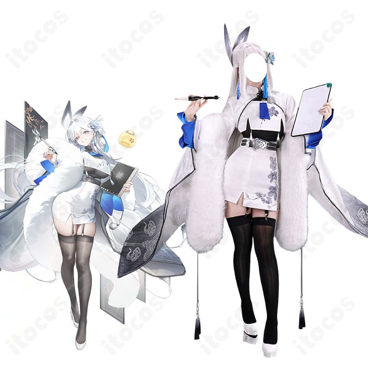 『勝利の女神：NIKKE』シラツルのデフォルト衣装を着用した全身イメージ、白×ブルーのドレスとファーショール