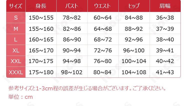 『ガチアクタ』セミュ・グライア コスプレ衣装のサイズ内容図。SからXXXLまで対応