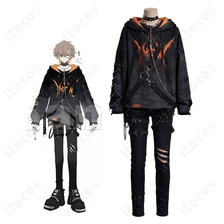 にじさんじ アルバーン・ノックス ゲーマー衣装の全身イメージ、黒パーカーとチェーン装飾を合わせたコスプレ衣装