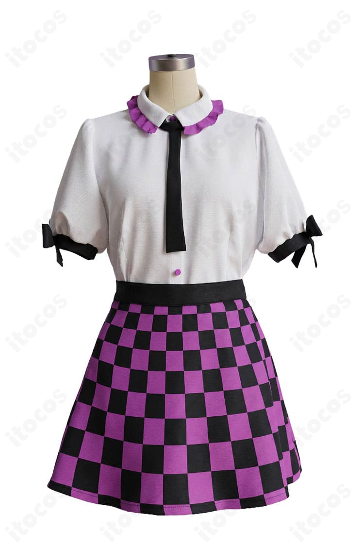 姫海棠はたて制服風コスプレ衣装の正面デザインと紫×黒チェック柄スカート