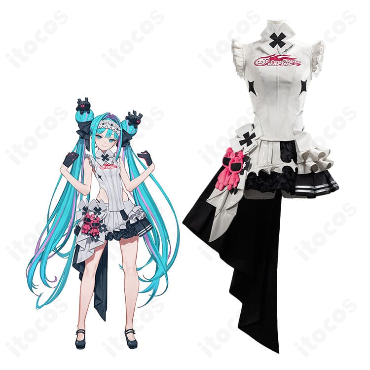 レーシングミク 2026Ver. カフェVer.のキャラクターイメージと白黒フリルコスプレ衣装