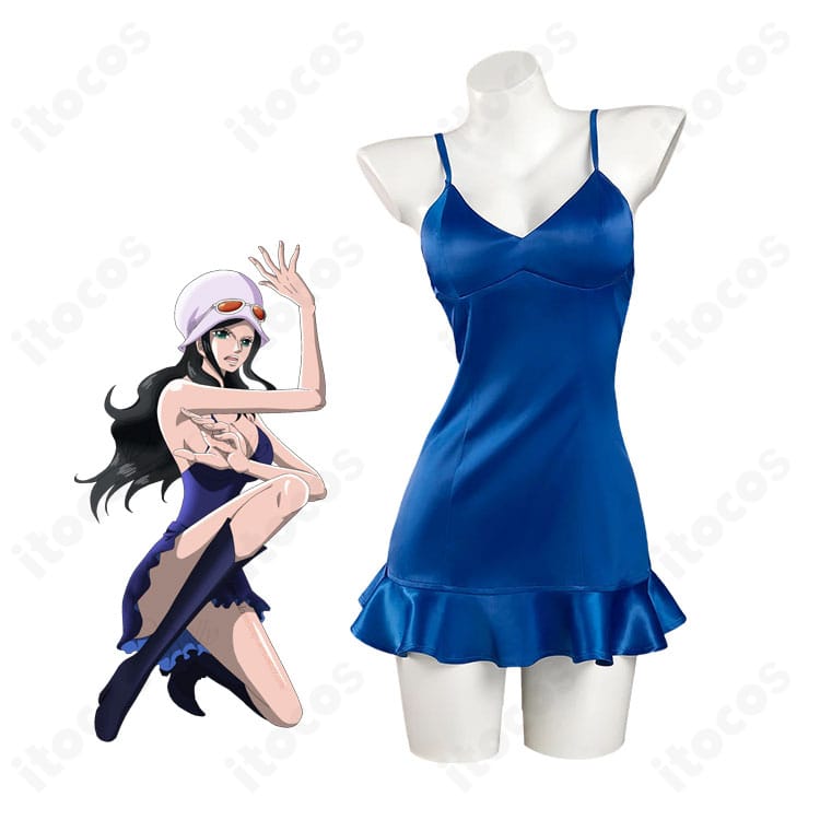ONE PIECE ドレスローザ編 ニコ・ロビンの青いミニワンピースと白帽子を合わせたキャラクターイメージ