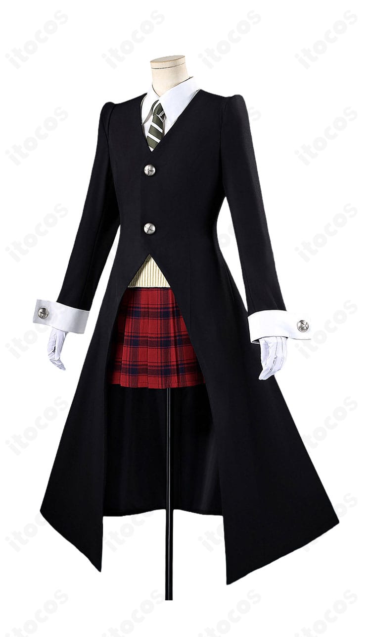 ソウルイーター マカ=アルバーン死武専制服Ver.のロングコートと赤チェック柄スカートを正面から見た衣装