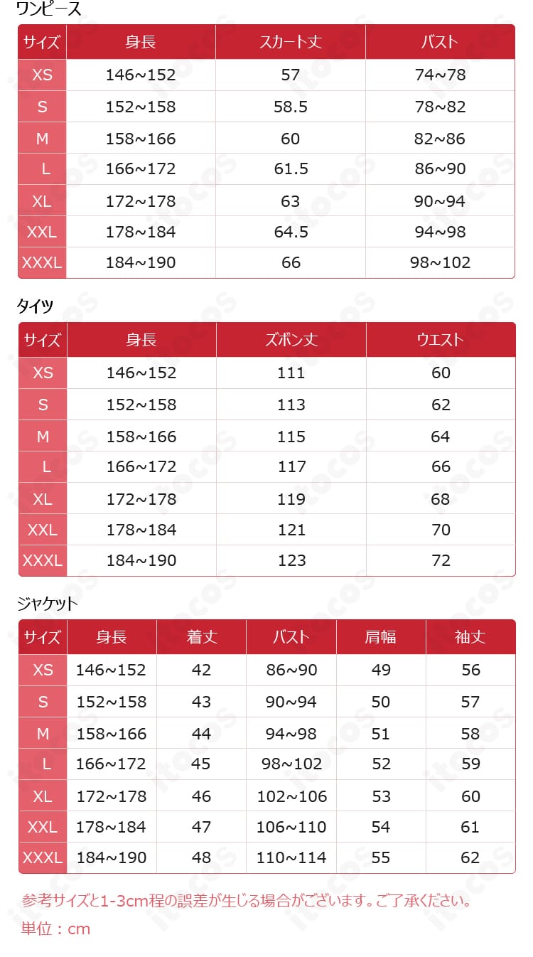 アイアンマウスSeason 3コスプレ衣装S~XXXLのサイズ表
