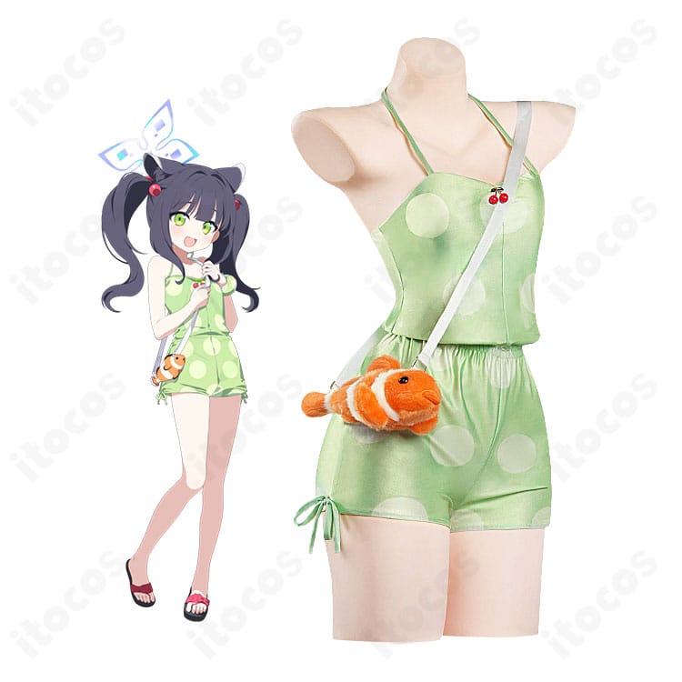 ブルーアーカイブの春原シュン（幼女）キャラクターイメージとグリーンドット柄コスプレ衣装