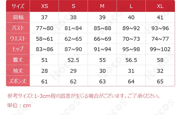 機械技師トレイシー初期衣装のXSからXLまでのサイズ内容