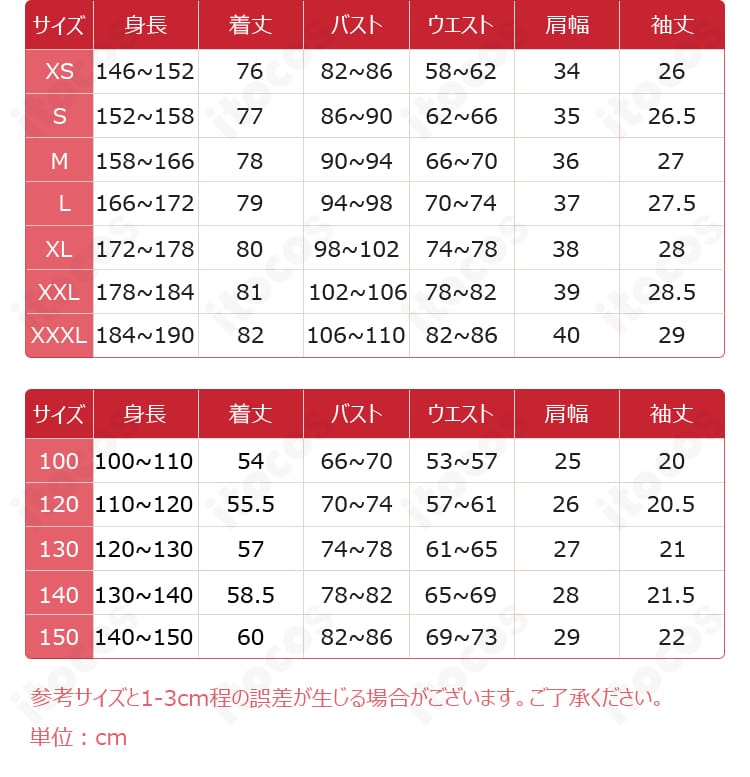 アーニャ コスプレ衣装の子供・大人対応サイズ表