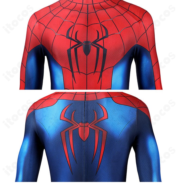 スパイダーマン衣装の正面と背面に配したスパイダー装飾