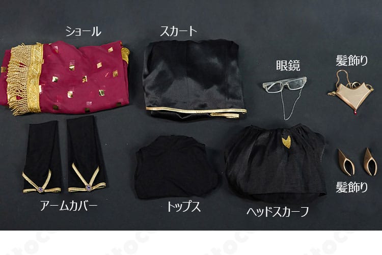 コヤンスカヤのサリー風衣装セット内容一式と付属アクセサリー