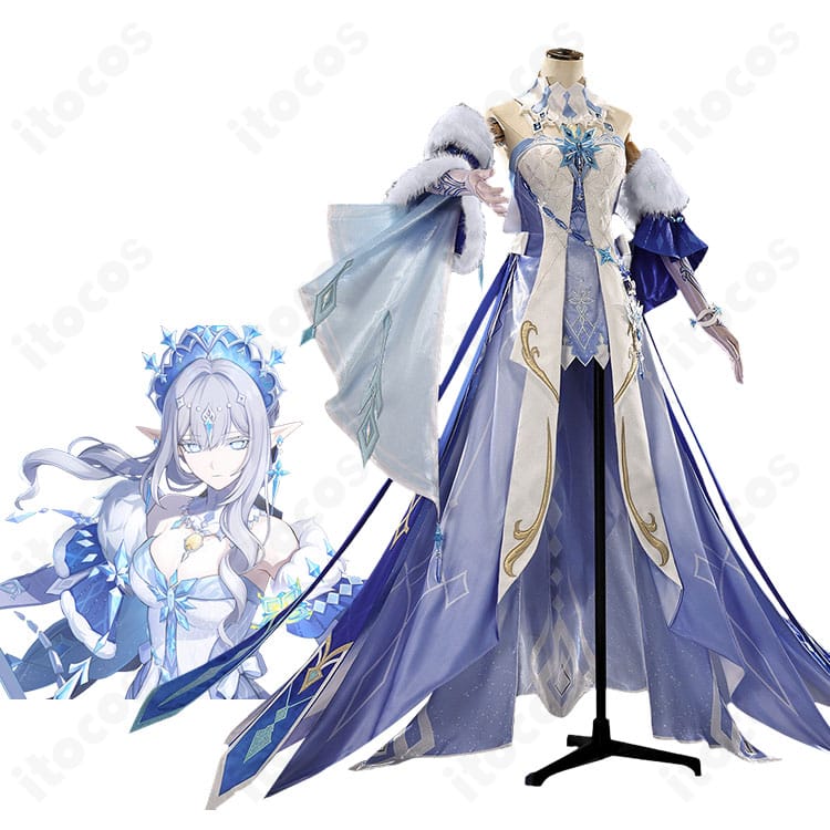 『原神』氷の女皇のキャラクターイメージと王冠付きコスプレ衣装の商品全体像