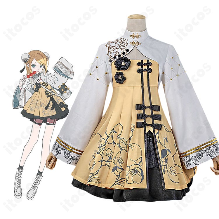 鏡音リンのキャラクターイメージとツリービレッジカフェのチャイナ風コスプレ衣装