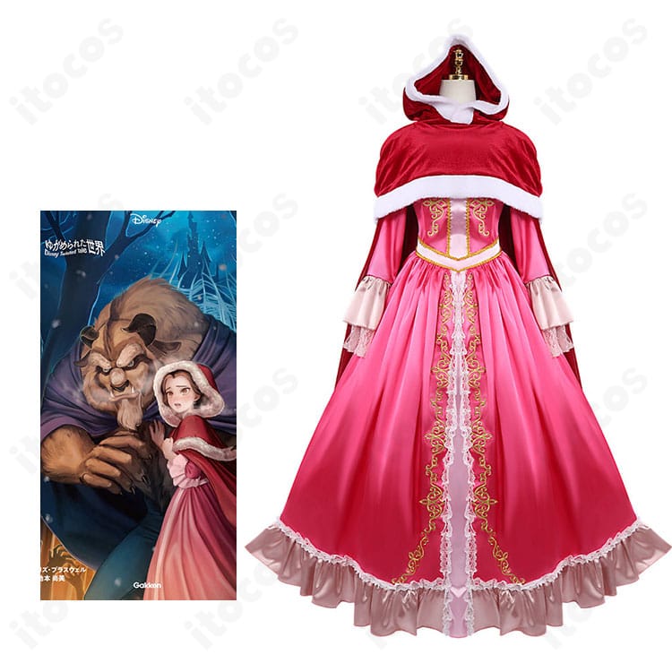 ベルのキャラクターイメージと赤フード付きケープ衣装の商品比較