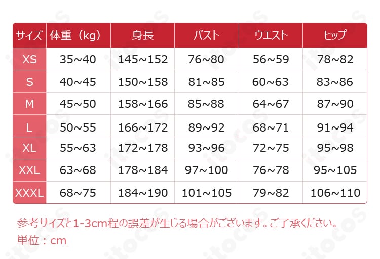 原神ミティヤ研究者衣装のSからXXLまでの商品サイズ案内
