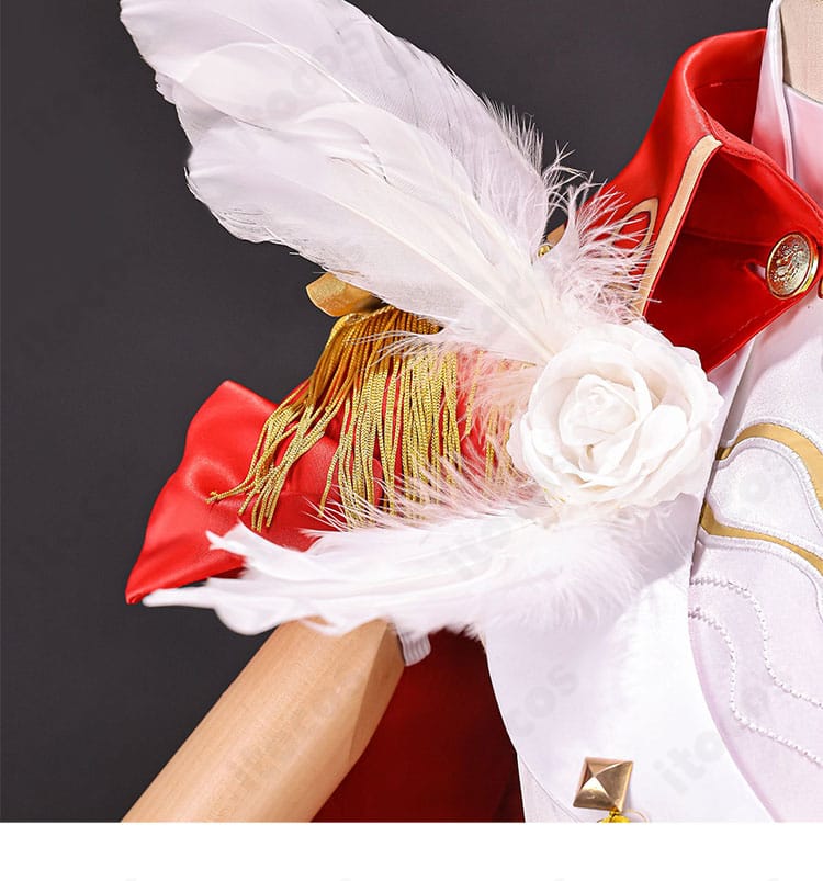 姫子コスプレ衣装の羽根と花飾りの華やかなディテール